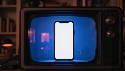 Smartphone displayed in an old vintage television set, glowing against a blue backdrop, symbolizing technology convergence, concept of electronics retail or advertising