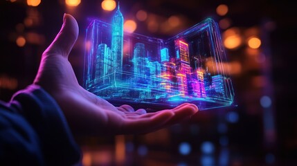 A person presenting a floating hologram of a futuristic city building with their hand, glowing neon lights illuminating the digital model