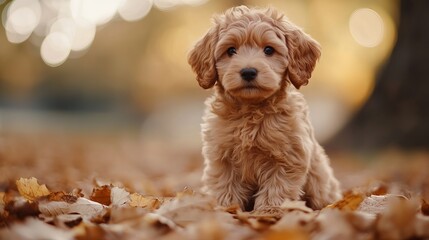 A small goldendoodle puppy sitting in a pile of autumn leaves looking at the camera with a blurred background