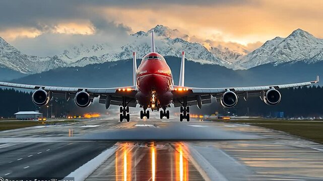 Majestic Airplane Landing: A Breathtaking View of a Boeing 747 Against a Snowy Mountain Range at Sunset