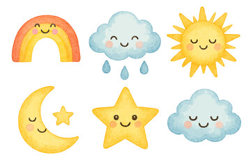 watercolor cute cartoon expression emoji emoticon of sky cloud rainbow sun star and moon icon collection