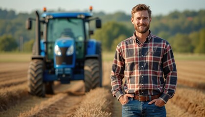Young farmer stands front tractor in field. Smiling adult man wears plaid shirt jeans. Successful harvest work in village, agricultural land, farm equipment. Happy person looking at camera.