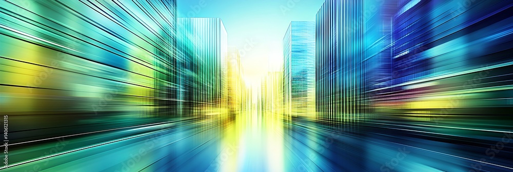 Poster vibrant cityscape with blurred buildings and bright reflections creating a dynamic urban atmosphere 