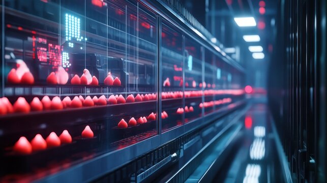 A poultry farm with robotic systems for egg-laying management, illuminated by glowing holographic controls and eco-friendly technology