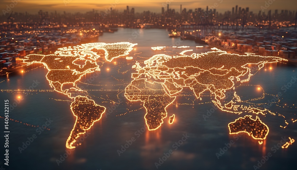 Aufkleber stunning aerial view of a brightly illuminated world map at dusk over water with cityscape backgroun