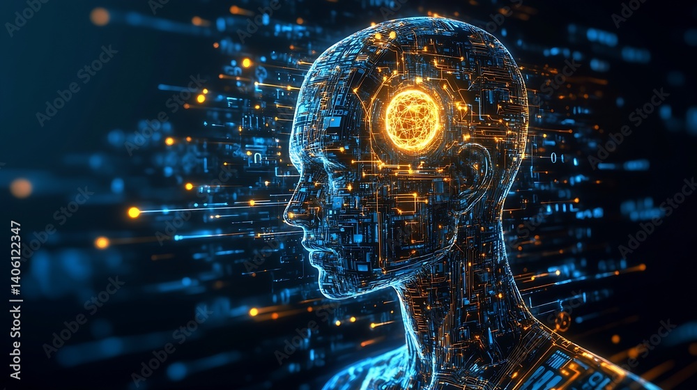 Poster AI concept illustrating a futuristic humanoid figure with glowing circuits and connected networks representing technology : Generative AI