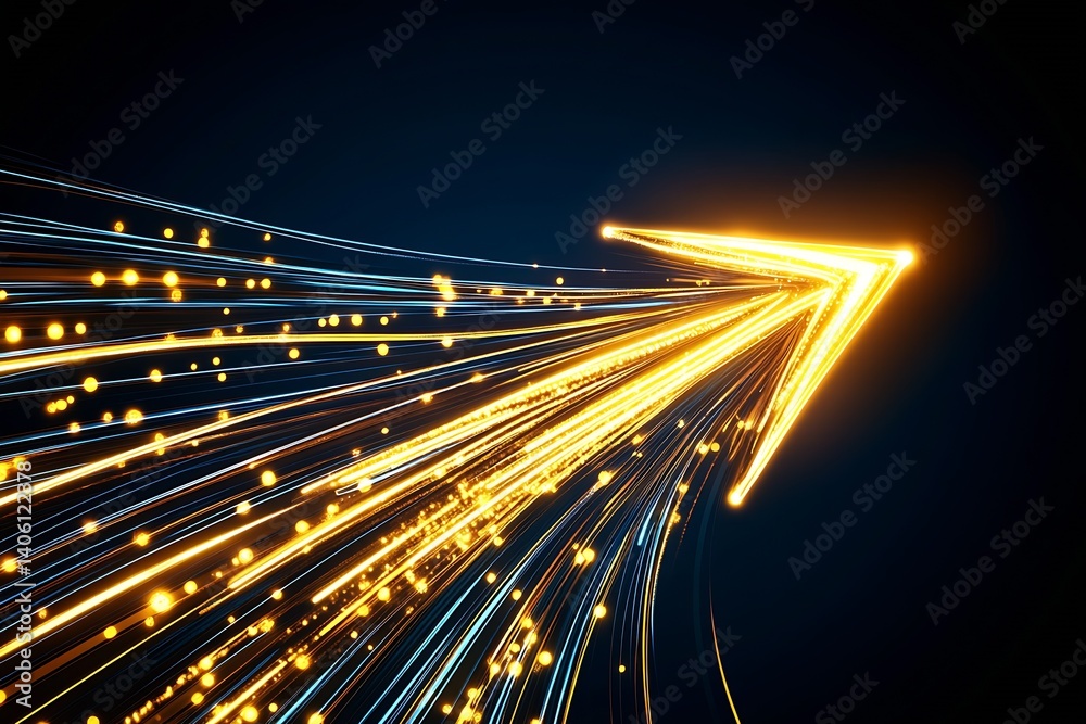 Poster Dynamic Flow of Light Trails Creating a Bright Arrow Pointing Right Against a Dark Background : Generative AI