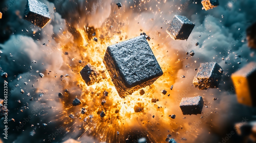 Poster dynamic explosion of abstract rocks illustrating powerful energy and motion amidst dramatic smoke : 