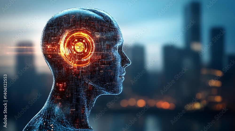 Aufkleber futuristic human head with neon brain interface against urban skyline background : generative ai