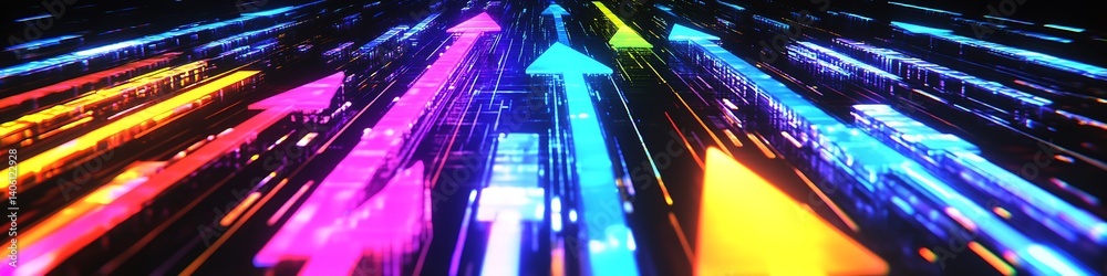 Poster Vibrant colored arrows depicting motion and progress in a dynamic abstract digital environment : Generative AI