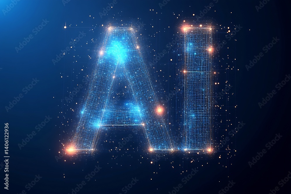 Leinwandbilder Futuristic AI letter illuminated by glowing particles in a digital space with cosmic background : Generative AI