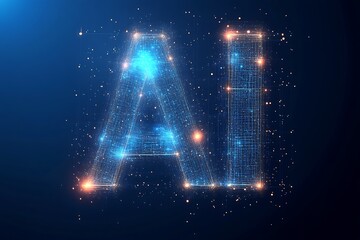 Futuristic AI letter illuminated by glowing particles in a digital space with cosmic background : Generative AI