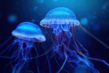 Bioluminescent jellyfish with glitch effect, underwater theme, and space for text