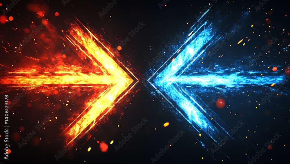 Poster Dynamic clash of fire and ice arrows represented in vibrant explosion effects on a dark background : Generative AI