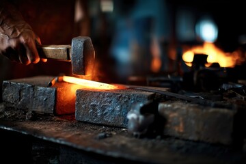 Blacksmith forging metal in workshop with warm tungsten lighting and negative space on left