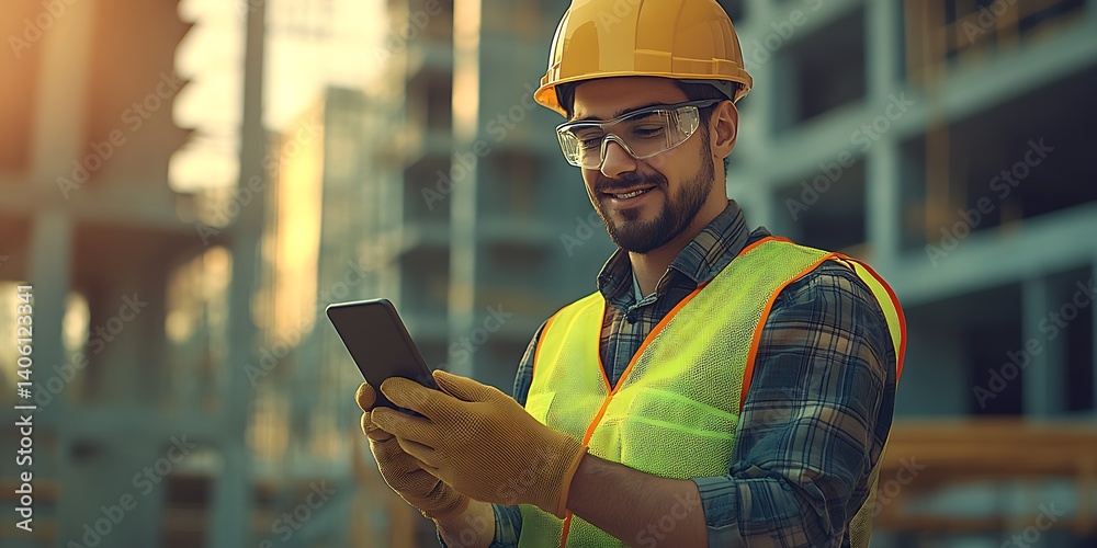 Poster Construction worker smiling while using smartphone at building site during sunset with safety gear on : Generative AI