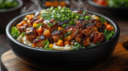 Steaming Bowl of Grilled Chicken and Vegetables with Noodles Fresh Herbs and Colorful Garnish