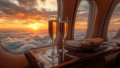 Luxury Flight Experience with Champagne Glasses and Sunset Views : Generative AI
