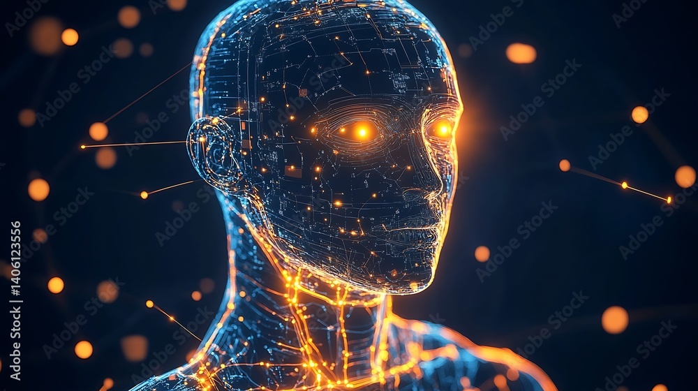 Poster Advanced technology human face model illuminated with glowing circuits and data connections : Generative AI