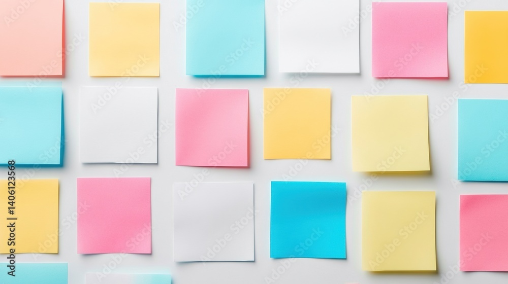 Poster Colorful sticky notes and paper tabs neatly arranged on a white desk background showcase an organized workspace perfect for productivity and creativity