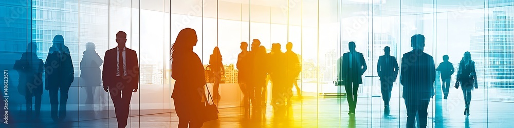 Poster dynamic silhouettes of business professionals walking through a modern office building illuminated w