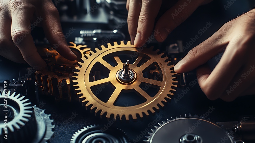 Fototapete hands assembling mechanical gears on a dark table showcasing intricate engineering and craftsmanship