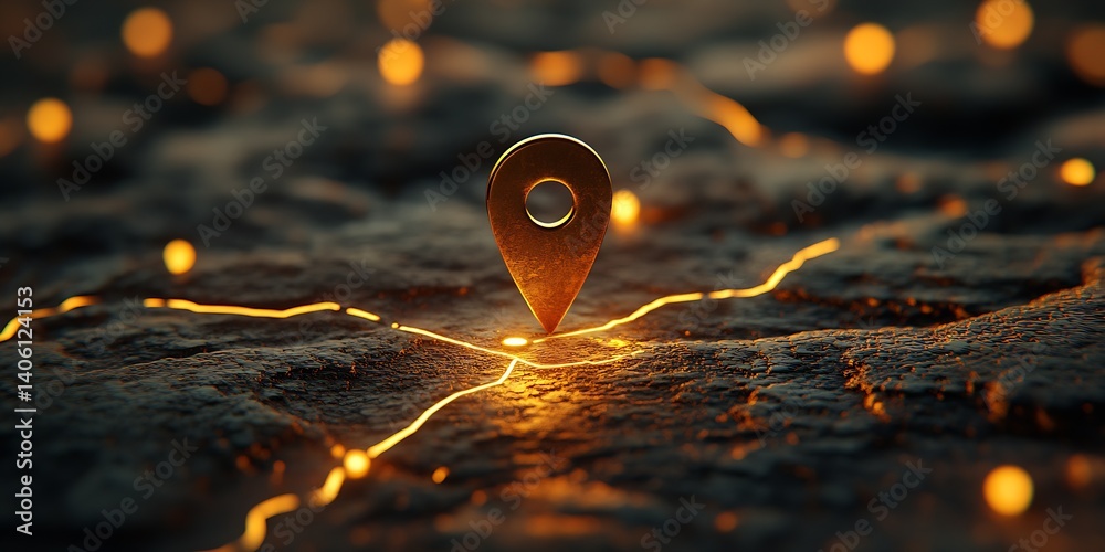 Fototapete Glowing golden location pin positioned on textured surface signifies importance of navigation and connectivity in modern travel : Generative AI