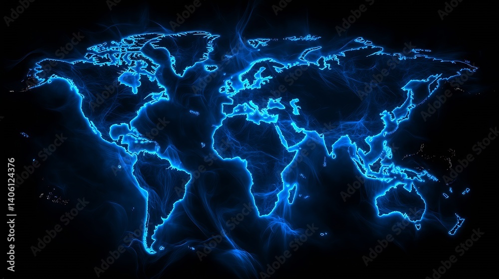 Poster artistic representation of a glowing world map illuminated with electric blue light in a creative di