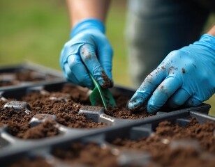 Hands in blue gloves carefully sow tomato seeds in seedling tray with fertile soil. Spring gardening, planting young plants in home garden. Agricultural work, eco farming, growing vegetables concept.
