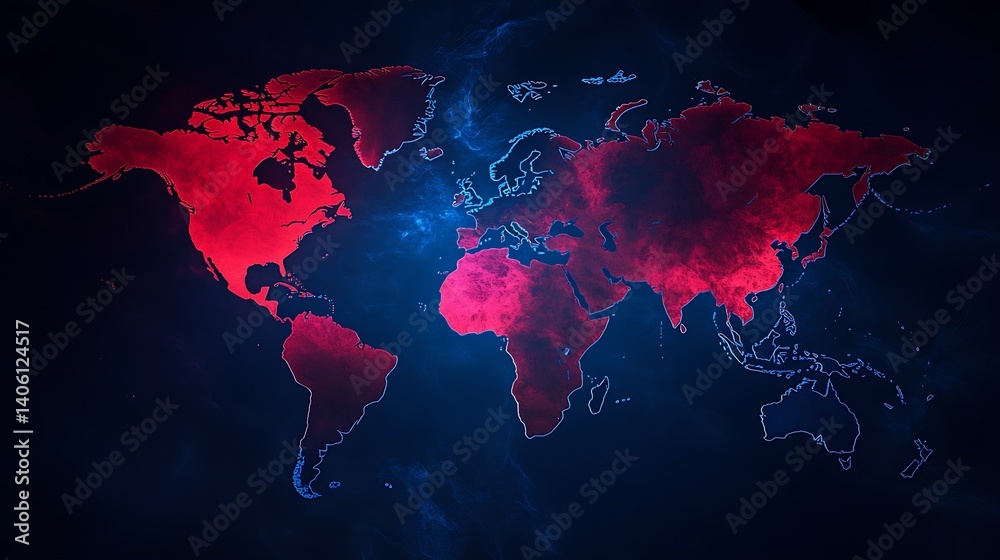 Fototapete Stylized world map in red hues on a dark background depicting global data connections and technology's reach : Generative AI