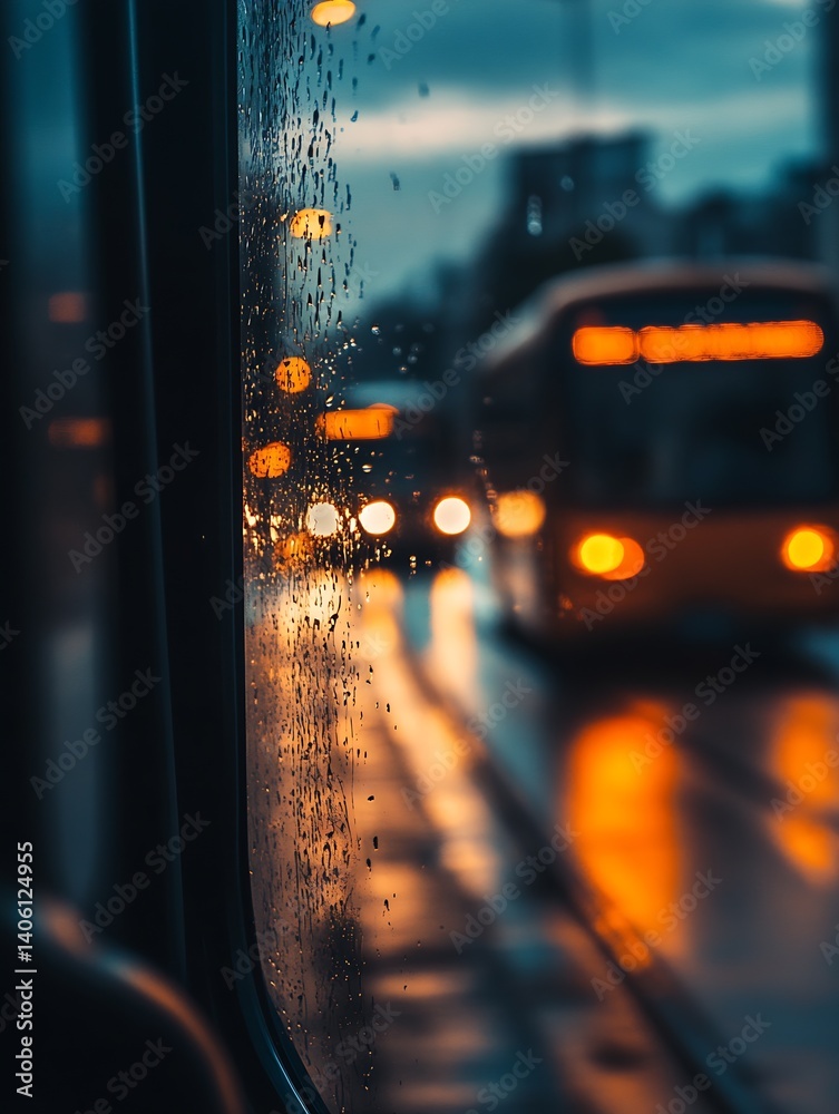 Aufkleber raindrops on a bus window with blurred city lights shining in the evening ambiance : generative ai