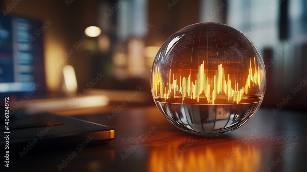 Fototapete Artistic view of soundwave visualization inside glass orb with glowing orange design and computer in background : Generative AI