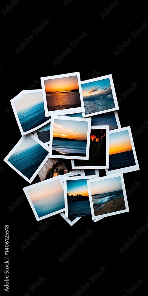 Aufkleber artistic arrangement of polaroid photos capturing stunning sunset and shoreline views for travel and