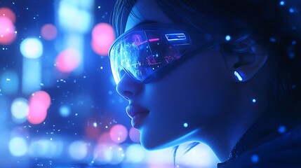 Stylish futuristic portrait of a person with glasses amid captivating blue and white bokeh lighting
