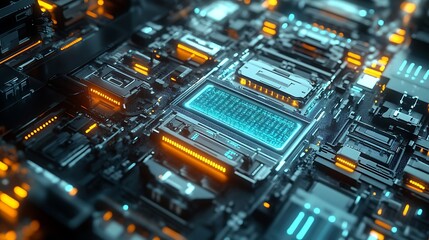Computer motherboard with glowing microprocessor and intricate electronic components in blue and orange lighting