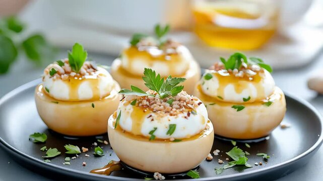 Gourmet cheese appetizers: melon and creamy burrata with honey chopped nuts & herbs on a black plate