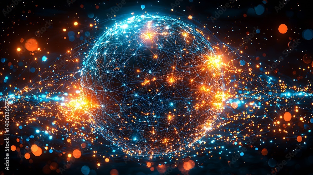 Poster Advanced animated sphere with flowing data streams and luminous connections in a dark universe : Generative AI
