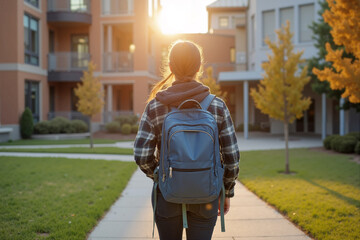 A student walks along a pathway in a college campus, enjoying the sunset as warm light filters through autumn trees and buildings. Generative AI.