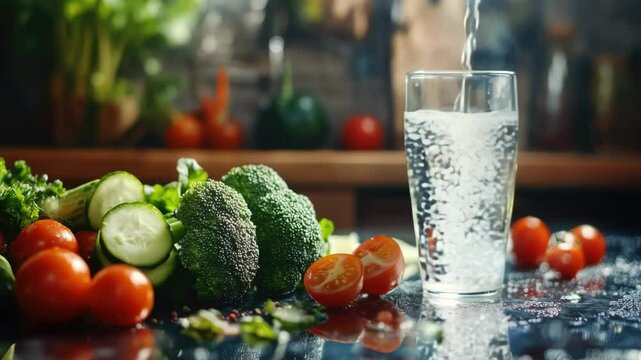 Fresh vegetables and sparkling water on a kitchen counter for healthy living and diabetes management concept