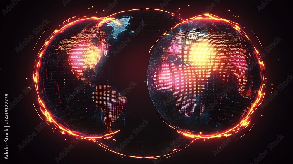 Aufkleber Captivating dual digital worlds interconnected by flowing energy beams symbolizing global unity and digital transformation : Generative AI