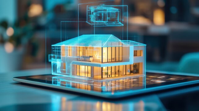 A smart home design showcased on a digital tablet with a holographic model floating above, set in a high-tech living environment. - Powered by Adobe