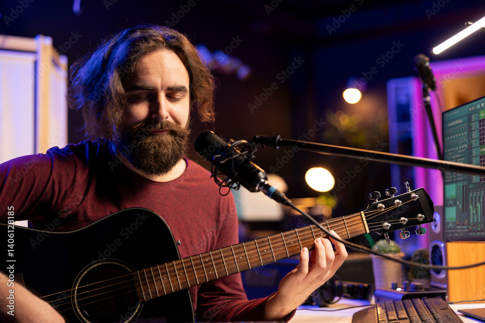 Poster skilled composer playing acoustic guitar and singing on microphone in home studio, mixing and master
