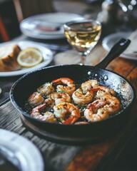 Sizzling Shrimp in Cast Iron Pan with Wine and Garnish on Table