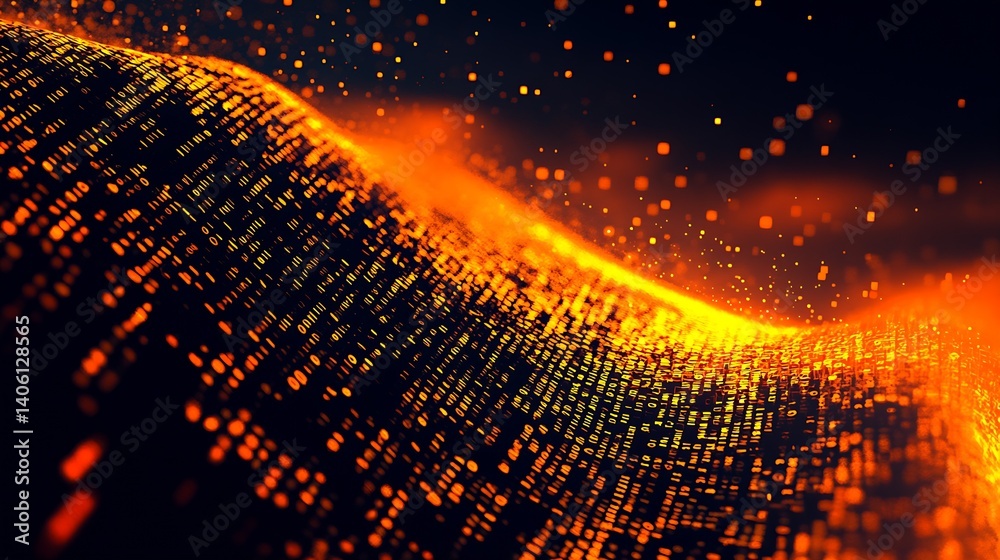 Poster Dynamic wave of digital particles glowing in orange hues symbolizing technology's flow and advancement : Generative AI