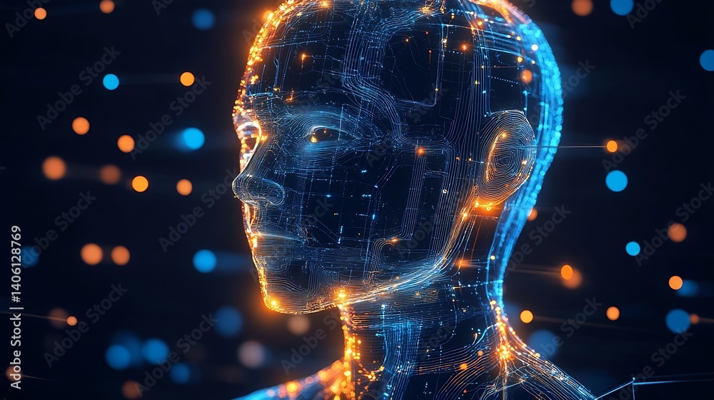Leinwandbilder Futuristic robotic head with glowing circuits and lights set against a dark background : Generative AI