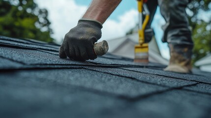 Roofing worker applying sealant to roof edges. Featuring attention to detail and roof maintenance