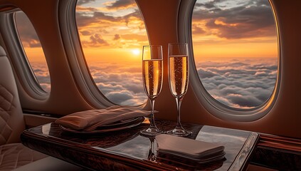 Fototapeta premium Elegant Champagne Setting with Sunset View from Inside a Private Jet : Generative AI