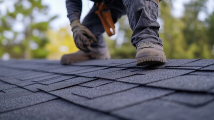 Roofing worker applying shingles to a residential roof. Featuring roof installation and weatherproofing