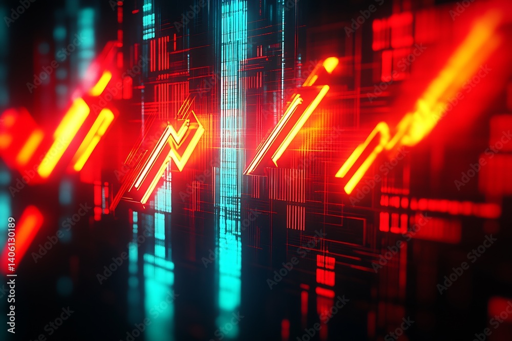 Poster futuristic digital abstract illustration featuring glowing neon lines in red and blue showcasing tec