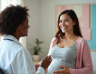 Fototapeta premium African American female gynecologist consults young pregnant Hispanic female patient in office. Doctor, patient discuss prenatal care. Happy expecting woman consults physician. Healthcare